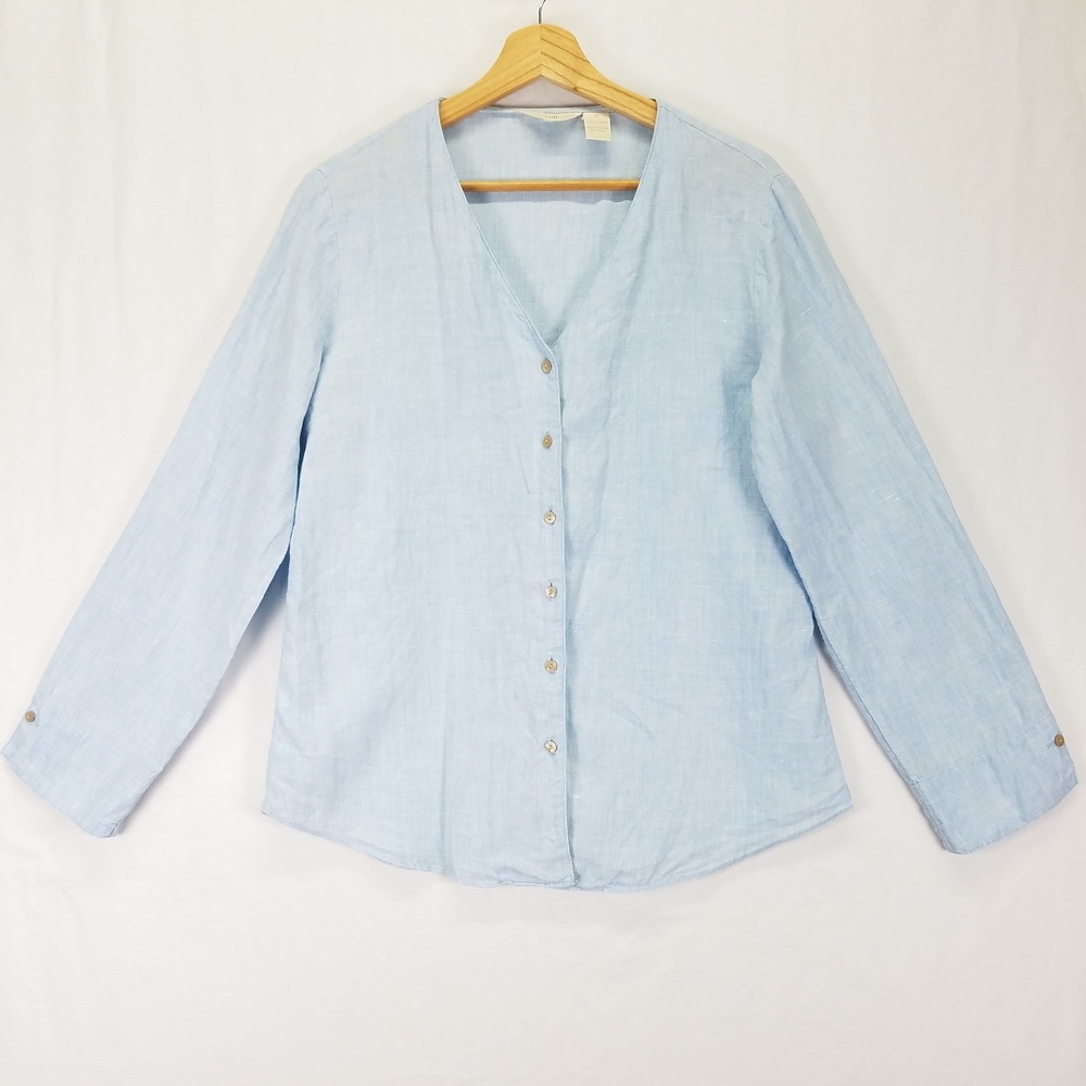 J.Jill Women Blue Linen Button Front Long Sleeve V-Neck Shirt Top Size Small